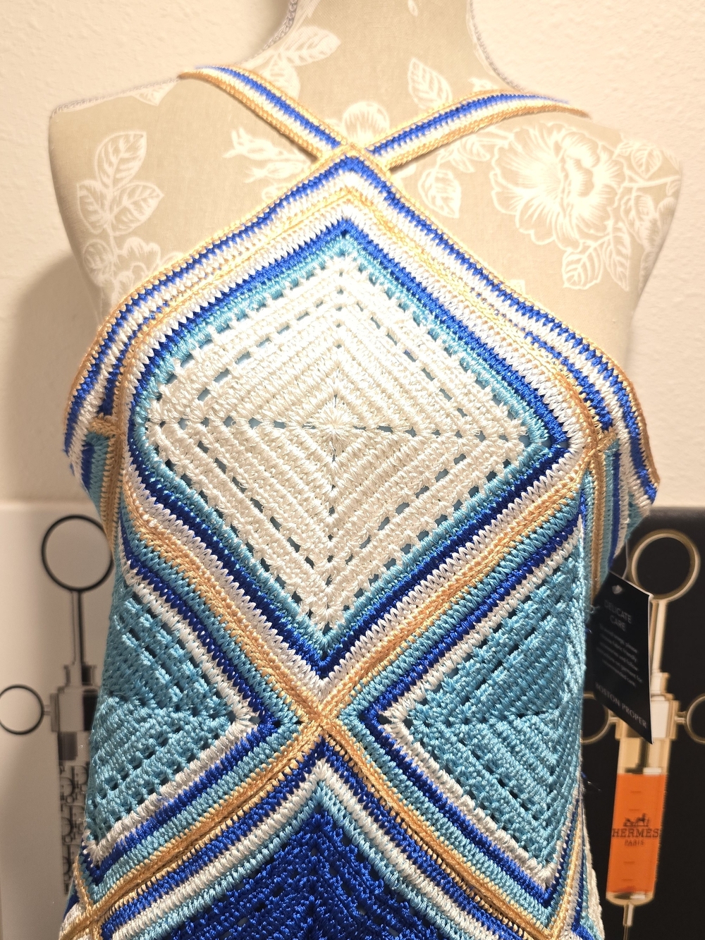 Boston Proper Midi Blue & Cream Crochet Dress with Fringe - Picture 2 of 13